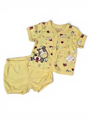 Specialty Baby Farm Animal 2 Pc Outfit 3-6M Cow Applique Butter Yellow Cotton